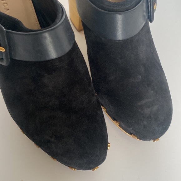 VERONICA BEARD Dacey Clogs Buckled Strap Studded Black Suede Wooden Heel Mule - Picture 5 of 9